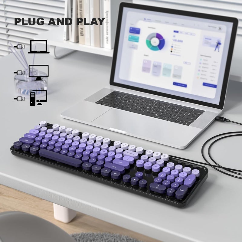 Atelus Computer Keyboard Wired, Retro USB Keyboard with Large Number Pad, Caps Indicators, Foldable Stands, Full Size Typewriter Keyboard for Windows PC Laptop (Black Purple) - Image 2